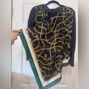 Michael Kors Blue Gold Chain-Print Blouse with Green-Trim Scarf Accent